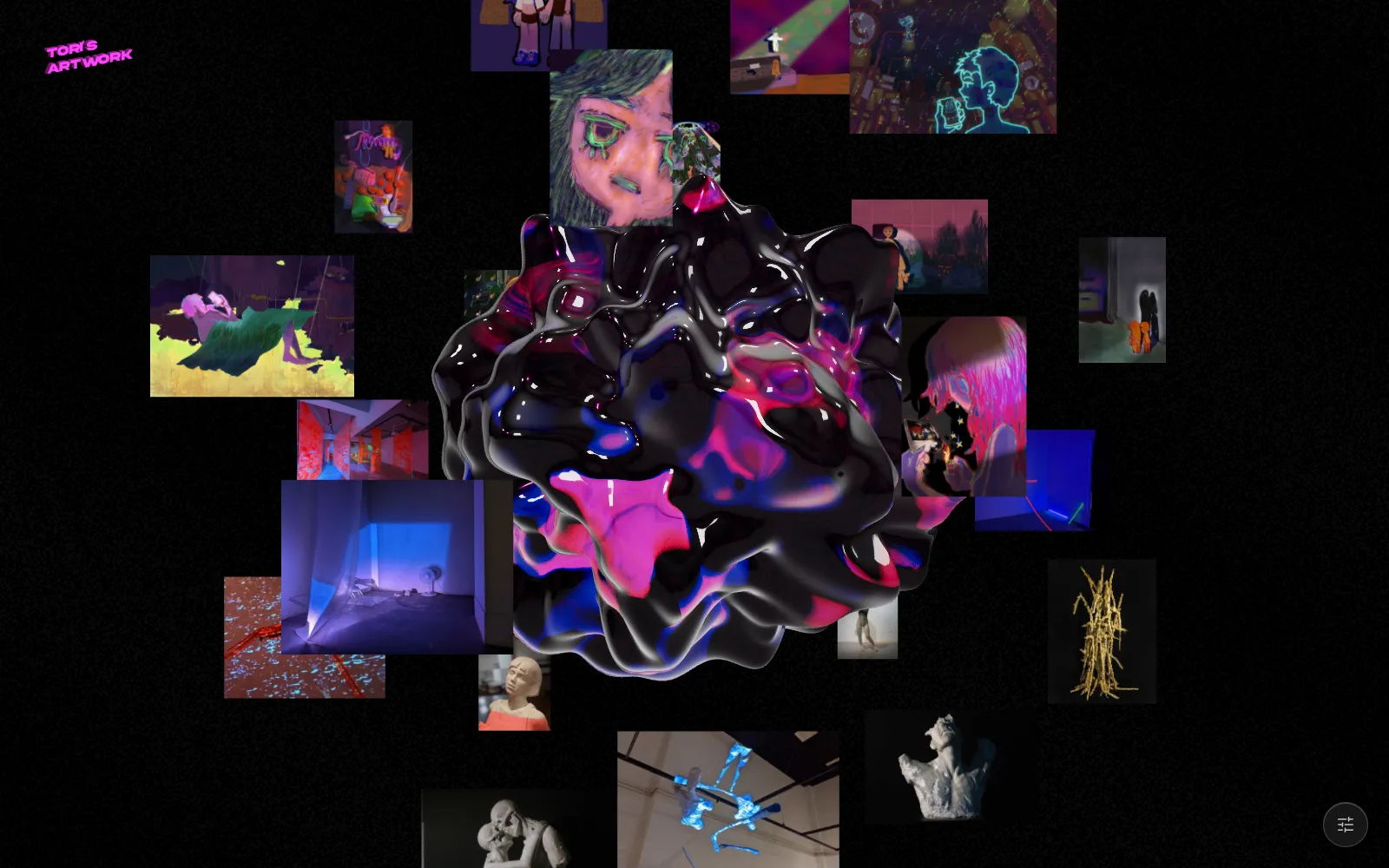 Project Sphere——作品卡以 fibonacci 球面繞著中央黑桃紅流動玻璃球，背景是近黑的流動星雲