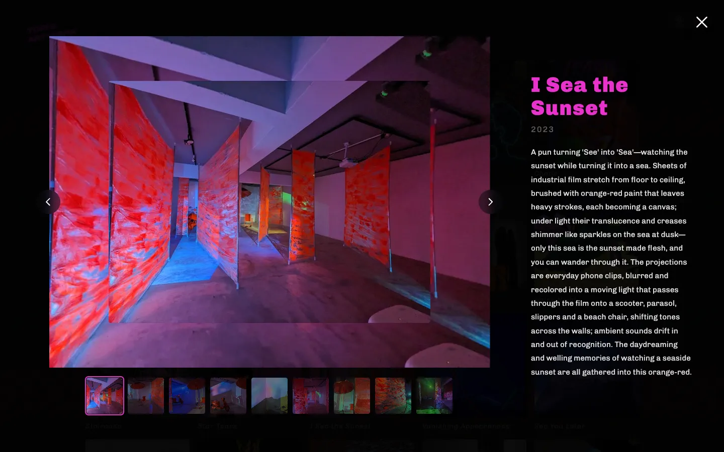 Lightbox open: on the left, an installation photo of the sculptural work I Sea the Sunset with a row of switchable thumbnails below; on the right, the title, year, and artist statement