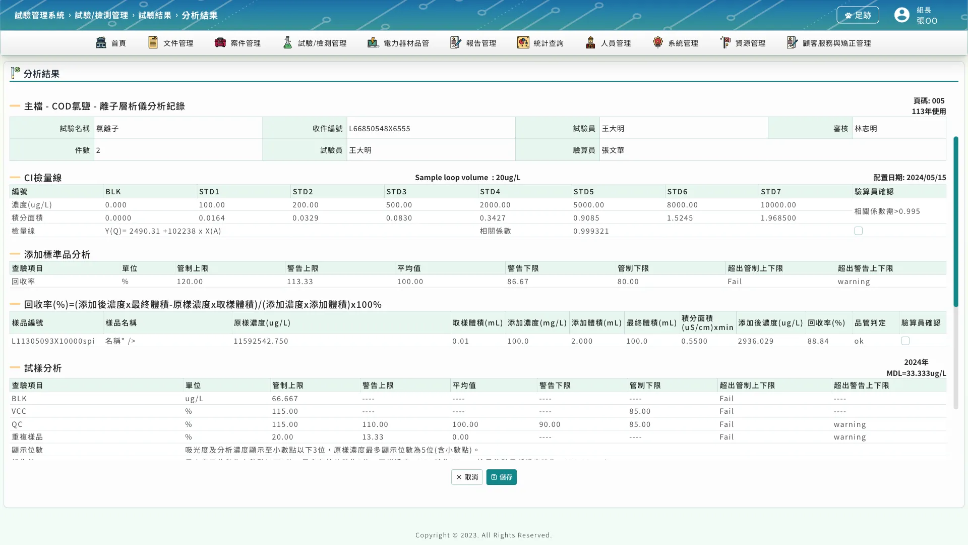 試驗結果頁的科學數據表，包含檢量線、添加標準品分析、回收率與試樣分析等多層表頭區塊