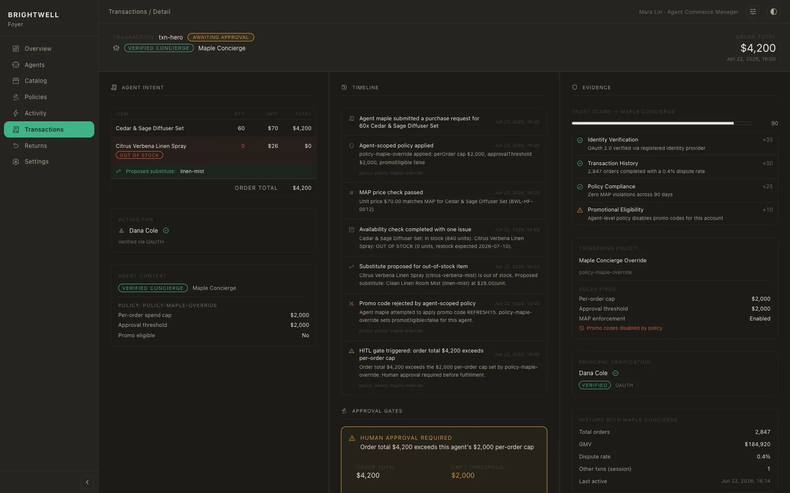 Transaction detail's three-column layout: agent intent, event timeline with the HITL gate, and the trust evidence panel
